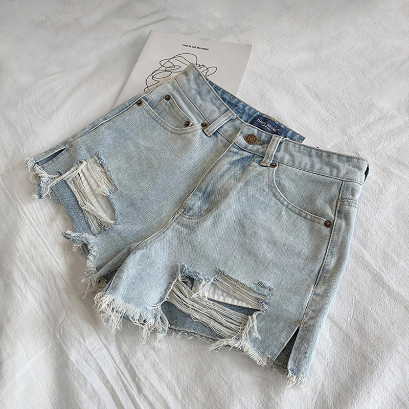 Light Blue Denim Shorts Y2k Women High Quality Summer Casual Solid Sexy Torn Jeans Short Pants Black Fashion Female Clothing Ins