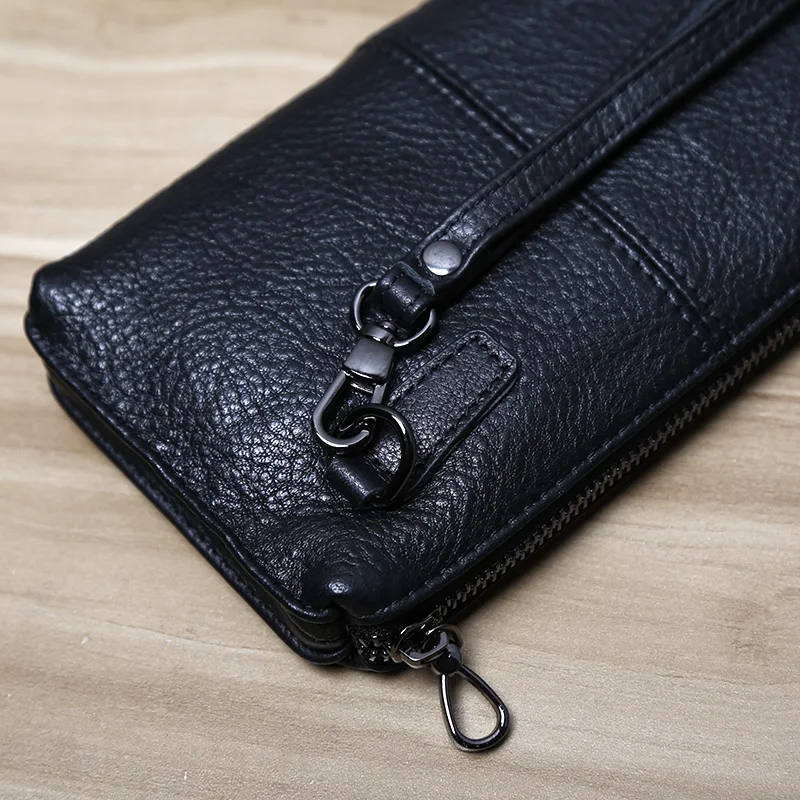 Retro-Lederhandtasche für Herren, getrommeltes Korn, erste Schicht, Rindsleder, große Kapazität, lässig, langer Reißverschluss, Geldbörse – Detail 8