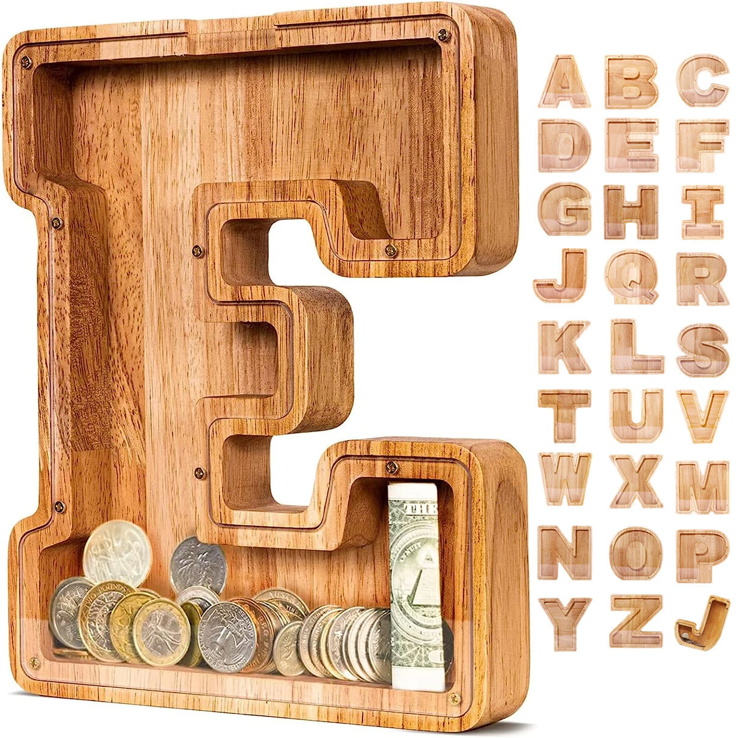 Alphabet Letter Wooden Piggy Bank Coin Money Solid Wood Saving Box Coins Storage Desktop Ornament Decor Crafts Christmas Gifts