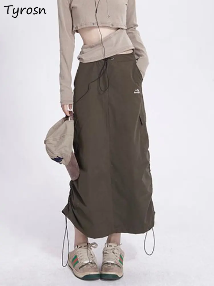 

Safari Style Skirts Women Retro Design Shirring Autumn Simple Fashion Streetwear Midi Faldas Ulzzang New Students Sporty Leisure