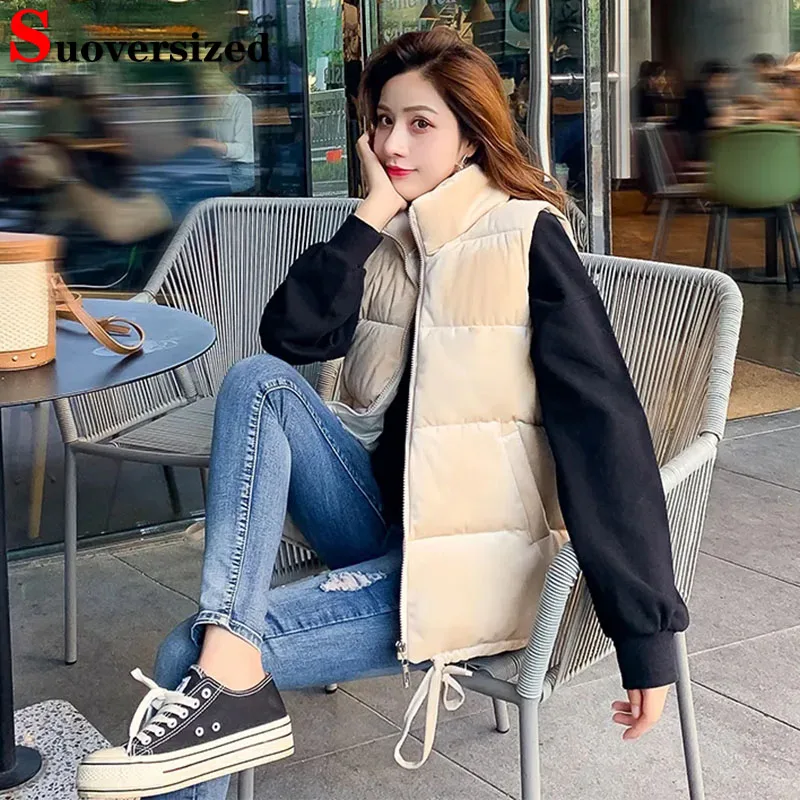 

Pleuche Loose Cotton Vests Korean Women Stand Collar Fall Winter Warm Sleeveless Jacket 2023 New Thick Drawstring Waistcoat Coat