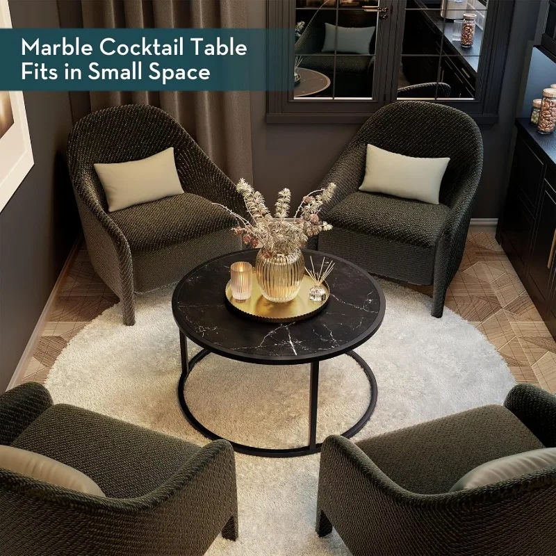 Black Coffee Table Round Marble CoffeeTables for Living Room Modern Small Center Table 5