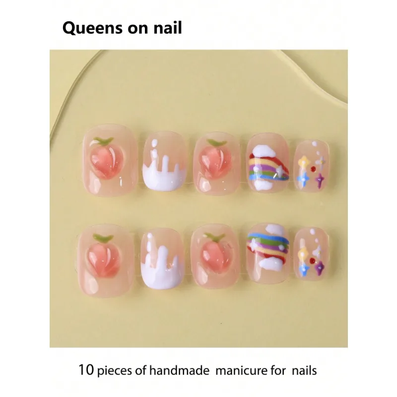 

10 Pieces Handmade press on Nails Ballet Style Fake Nails/3D Candy/Peach Decoration/Sfumato/Hand-Painted Striped Rainbow