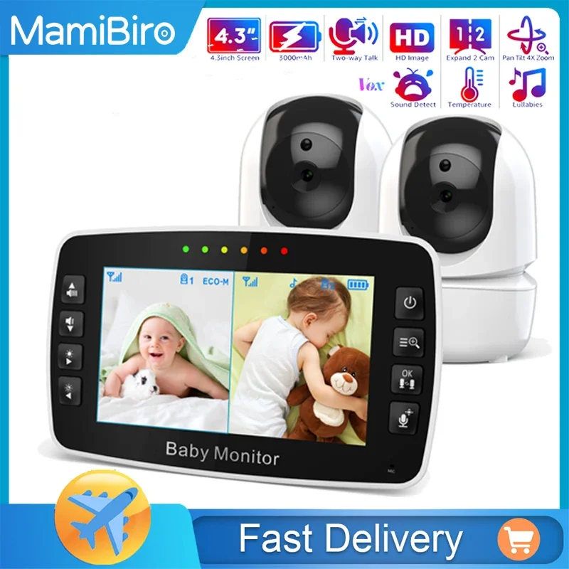 MamiBiro Baby Monitor 4.3Inch Wireless With PTZ Camera High Security Camera Night Vision Temperature Monitoring Baby Two camera