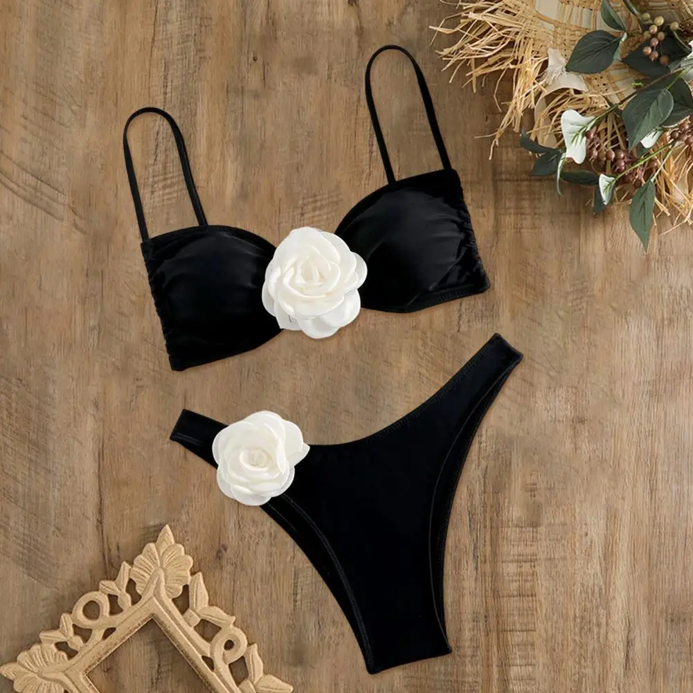 

Flower Suspender Swimsuit Stylish 3d Flower Bikini Set with High Waist for Women Sexy Tube Top Bandeau Bra Swimsuit Bathing Suit
