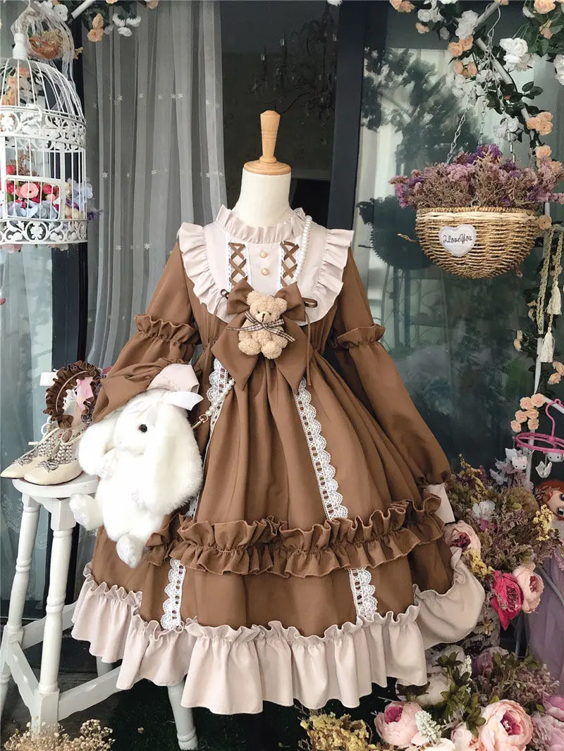 Lolita Dress Women Kawaii Bow Bear Lace Blue Dress Long Sleeve Princess Halloween Costume Gift For Girls New