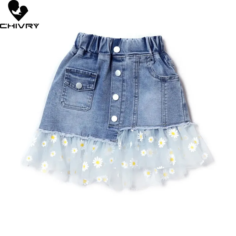 Summer New 2022 Kids Girls Fashion Skirts Mesh Patchwork Daisy Button Denim Skirt with Pockets Girls Children Casual Clothing