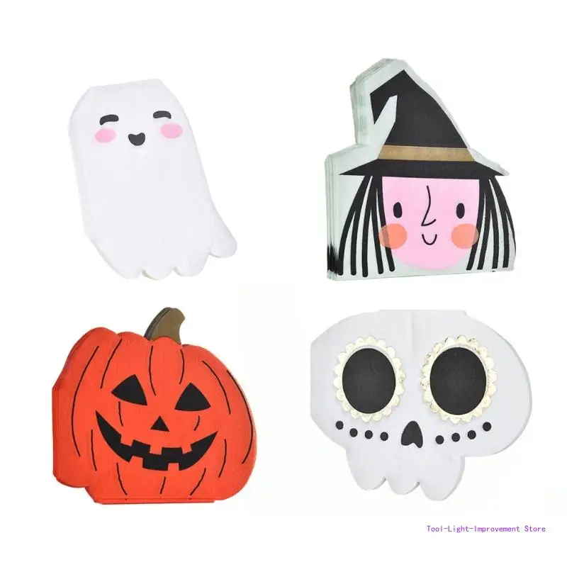 C63E 20Pcs Halloween Table Witch Skull Pumpkin Napkin Paper Tissue Decoupage Paper Napkins for Halloween Party Supplies