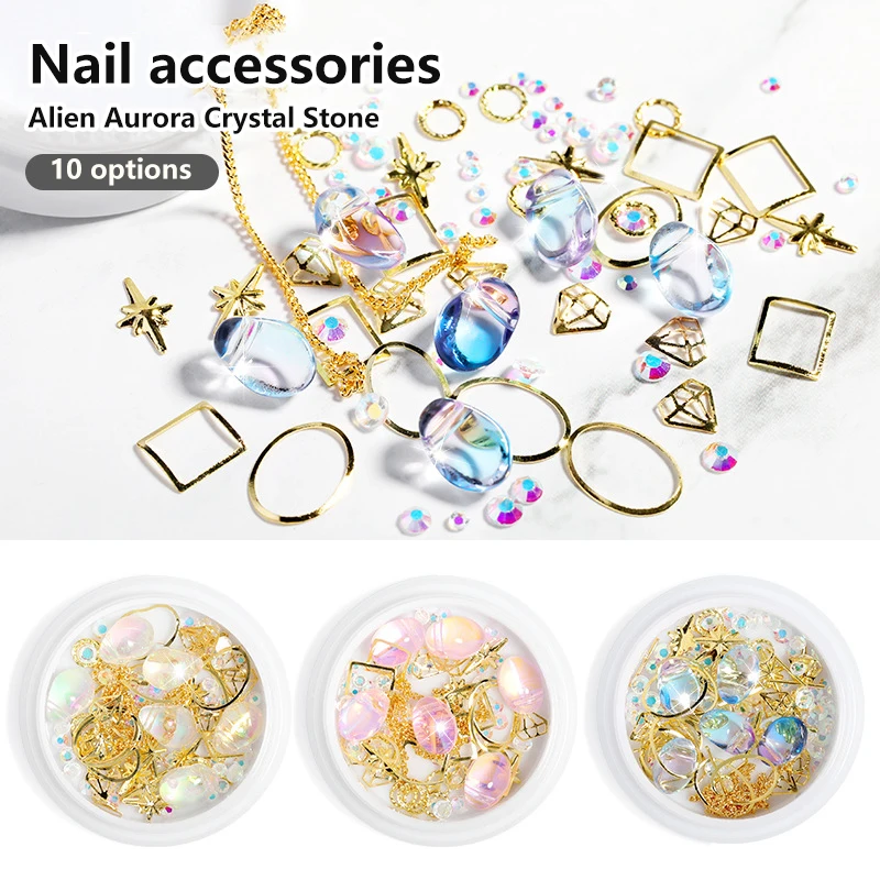 

1 Box New Mixed Nail Alloy Aurora Crystal Stone Irregular Wizard Stone 3D Metal Shiny Rhinestone Nail Art Parts