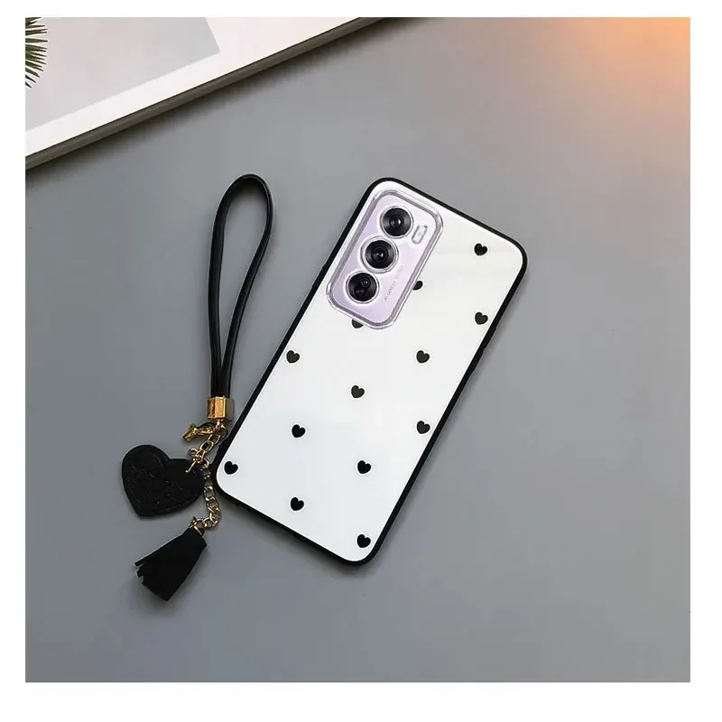 Small Love Heart Shockproof Tassel Wrist Phone Case with Hard Glass Cover