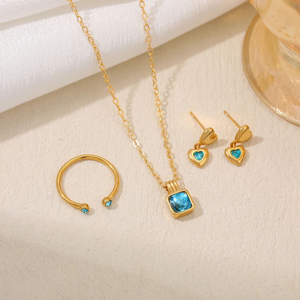 Delicate Blue Crystal Jewelry Set Double Love Heart Stud Earrings Square Zircon Necklace Gold Color Wedding Rings Jewellery Gift