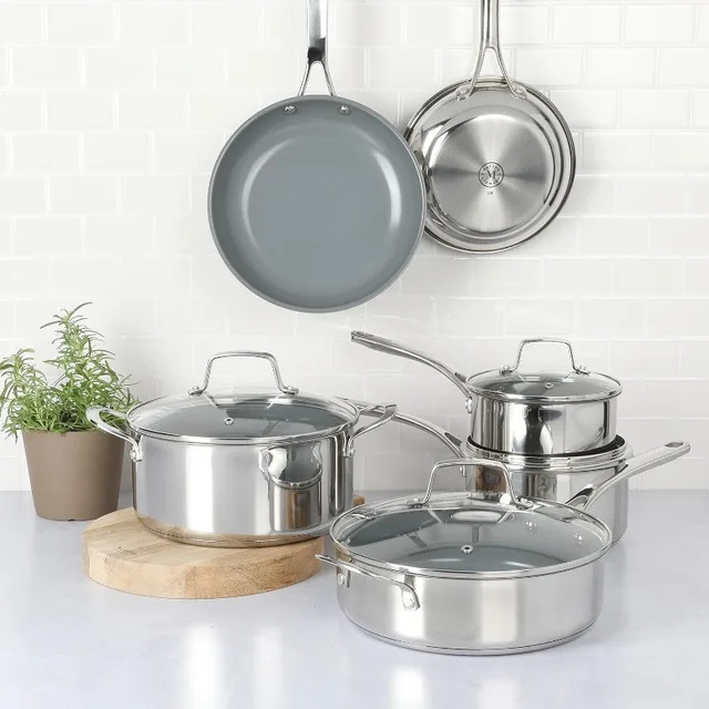 Martha Stewart Castelle 10 Piece 18/8 Stainless Steel Induction Safe Pots  and Pans Non-Toxic Cookware Set