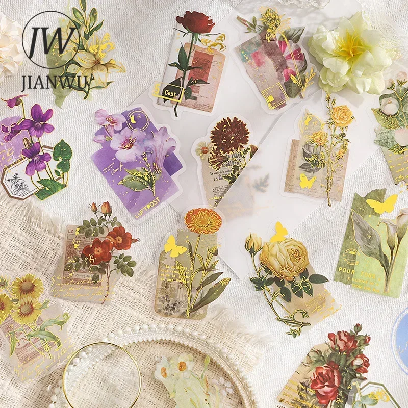 JIANWU Gold Flower Color Series Vintage Floral Landscaping Bronzing Material Collage PET Sticker Creative DIY Journal