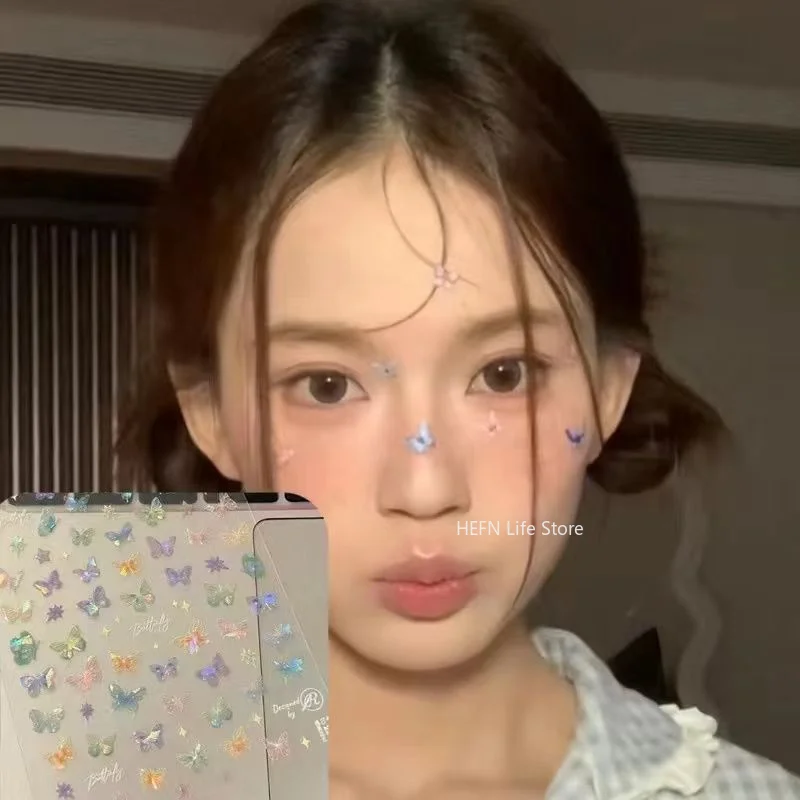 1Sheet Pink Purple Aurora Shell Butterfly Nail Stickers Shiny Laser 3D Butterflies Nail Decals Facial stickers