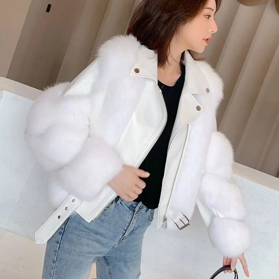 Imitation Winter New Faux Fur Women's Motorcycle Wear Short And Cotton Coat With Leather Fur Splice For Slim Stylish And Warm