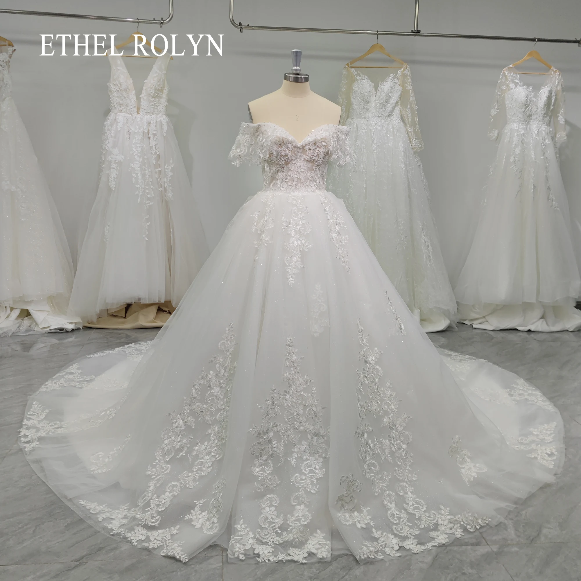 

ETHEL ROLYN A-Line Wedding Dresses For Women 2022 Elegant Off Shoulder Sweetheart Appliques Sequined Chapel Train Wedding Gown