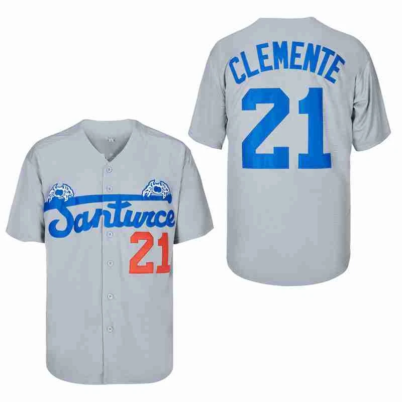 thumbnail image 1 of Camiseta de béisbol Santurce Crabbers Puerto Rico 21 Clemente Jerseys Costura Bordado Deportes Al Aire Libre Alta Calidad Blanco Gris Nuevo, 1 of 5