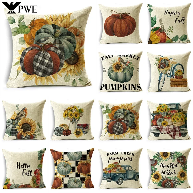 

Retro Pastoral Grey Pumpkin Sunflowers White Throw Pillowcase Cushion Covers For Sofa Office Bedroom Decor Multiple Size