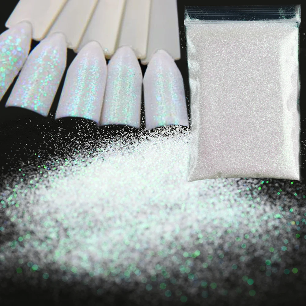 White Iridescent Ultra Fine Nail Art Glitter Dust Holographic Shining Sugar Powder UV Gel Polish Chrome Pigments 10g/Pack