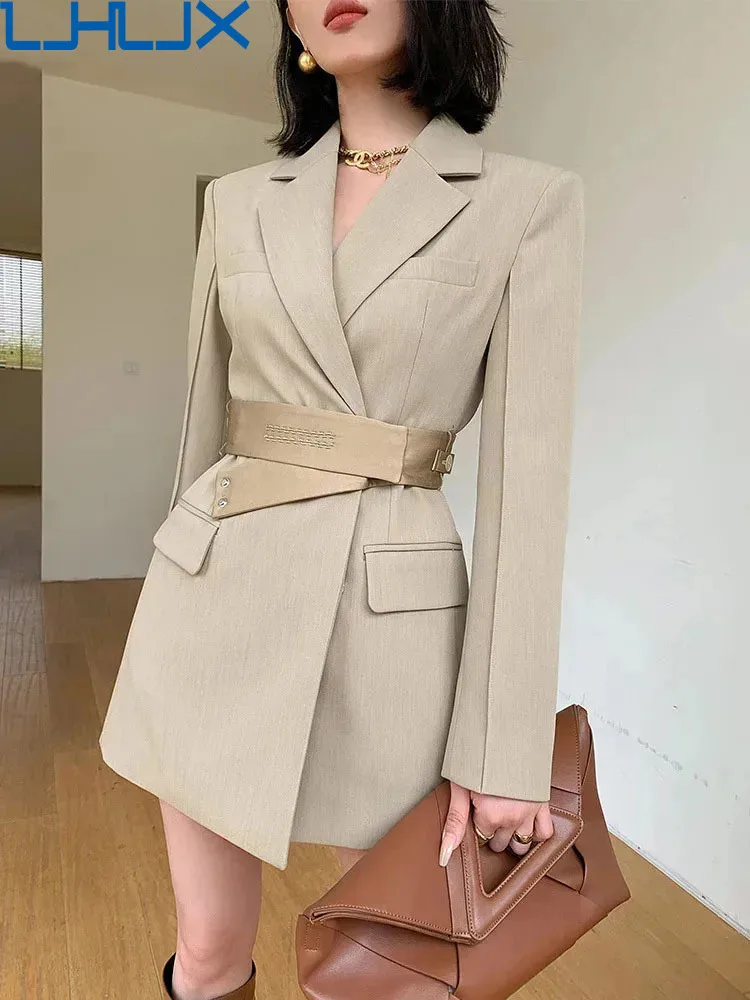 

LJHLJX High-end Fashion Temperament Office Lady Lace-up Waist Blazers Dresses Women's 2024 Spring Spring Versatile Blazer Dress