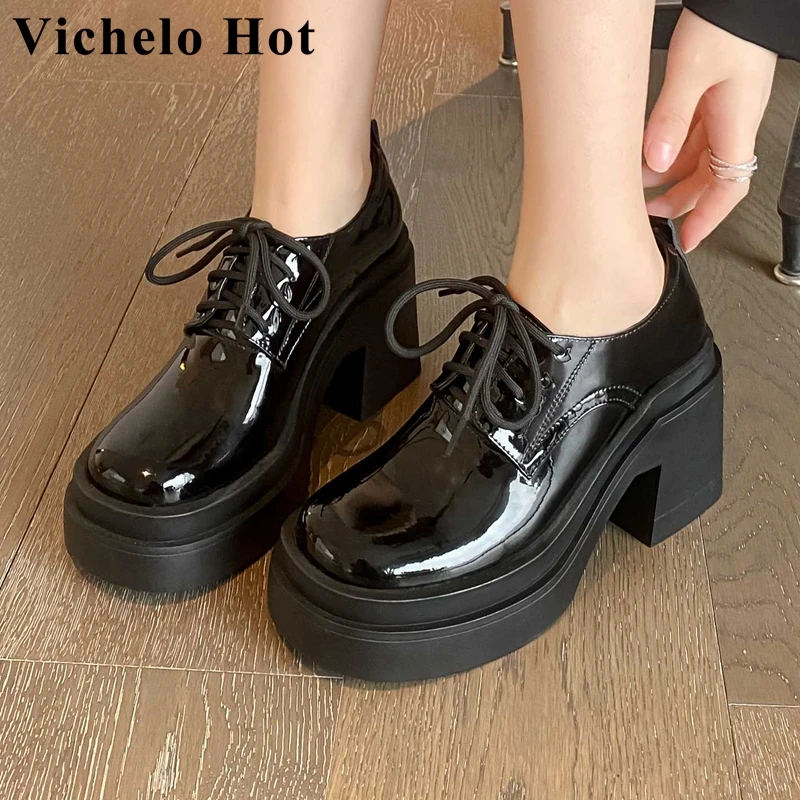 

Женские туфли-лодочки Vichelo, из натуральной кожи, с круглым носком, на очень высоком каблуке и платформе, классические цвета, Европейский стиль, с перекрестной шнуровкой, L51