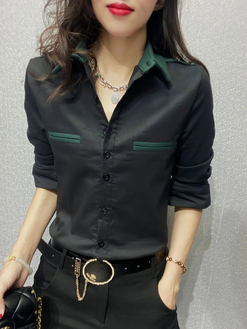 2023 New Spring and Autumn Fashion Style Business Casual Women's Oversized Slim Contrast Color Single Breasted Women's Shirt