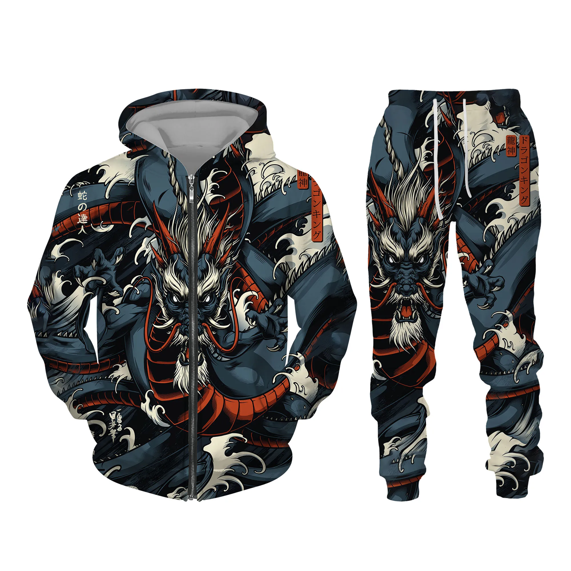 Japanese Ghost Samurai 3D Print Men\'s Zipper Tracksuit Set Casual Hoodie+Pants 2pcs Set Oversized Sweatshirt Fashion Men Clothes