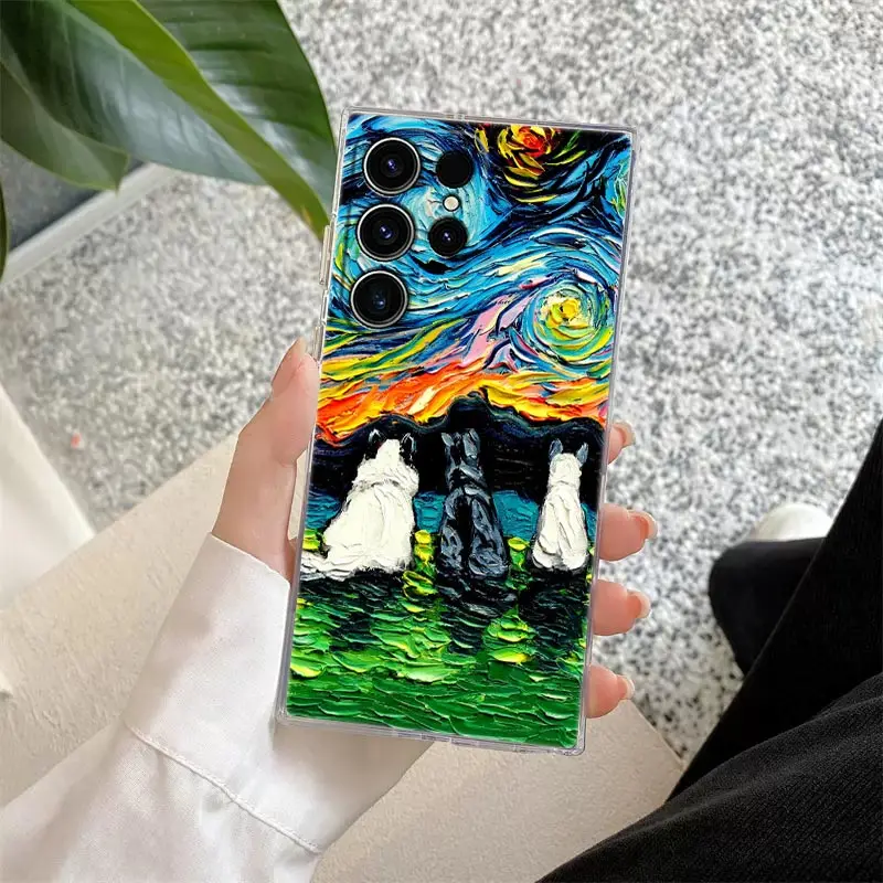 Cat Van Gogh Starry Night Oil Painting Clear Phone Case