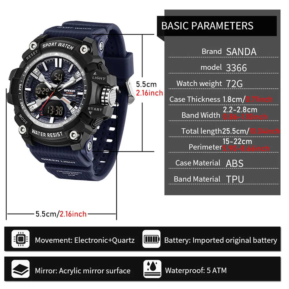 Sanda Quartz Watch Waterproof Wrist Watch For Men Double Display Electron Led Clock Men's Sports Watches Military Style Clock, Alina Gadgets
