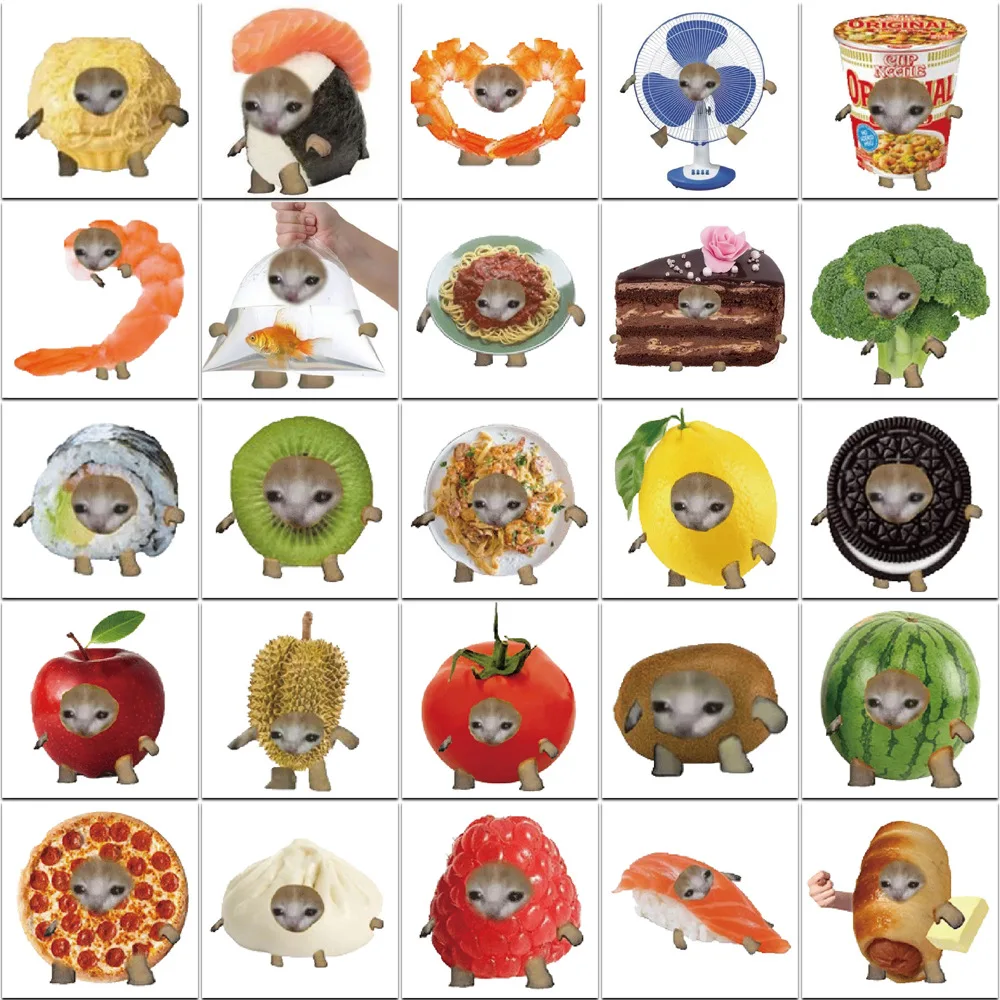 10/50pcs Kawaii 고양이 음식 Meme Sickers 재미 있은 데칼 자전거 노트북 가방 수하물 노트북 전화 방수 스티커 선물 장난감