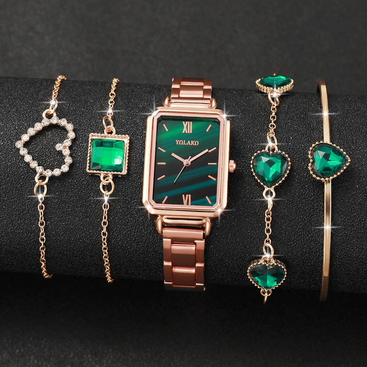 5PCs/Set Classic Women's Watch Set Fashion Stainless Steel Rectangular Dial Green Watch Bracelet Set
