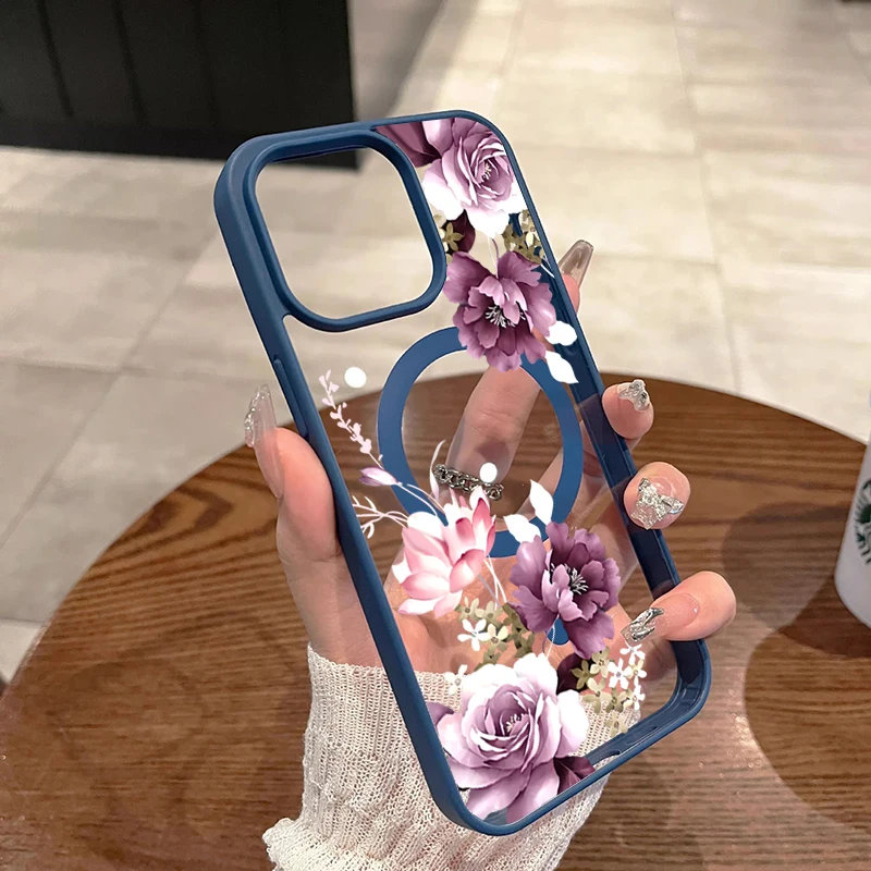 Lavender Pink Floral Print Wireless Charging Phone Case with Magnetic Cover