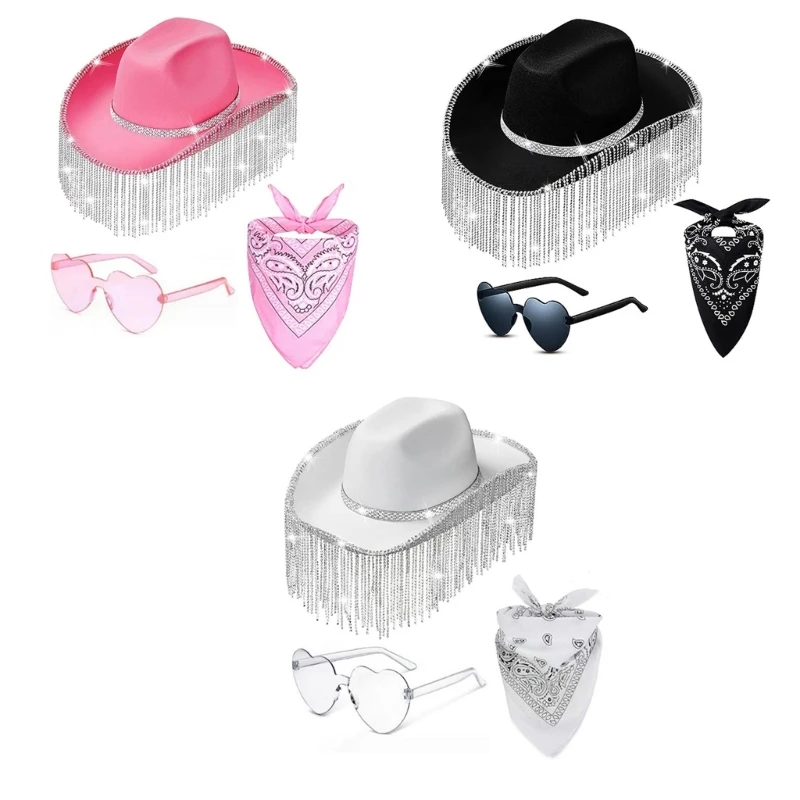 

3pcs Heart Sunglasses+Kerchief+Cowboy Hat for Sunproof Carnivals Party Woman