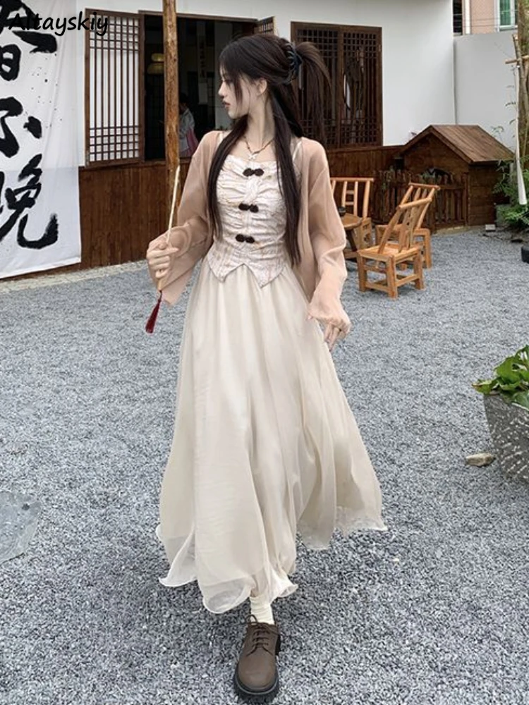 

3 шт. комплекты в китайском стиле женские изящные милые Дизайнерские пуговицы Camis шикарные летние дышащие длинные юбки солнцезащитные куртки OOTD