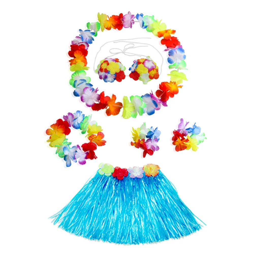 Hawaiian Dance Child Skirt Costume Leis Elastic Luau Grass Hawaiian Flower Bracelets Headband Necklace 40cm 5pcs 6Pcs