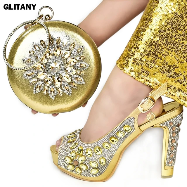 Golden New Arrivals Nigerian Women Matching Shoes and Bag Set Elegant Style  Italian Ladies Party Sandals with Shinning Crystal - AliExpress