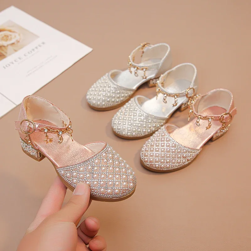 Girls Leather High Heel Wedding Party Shoes with Rhinestone