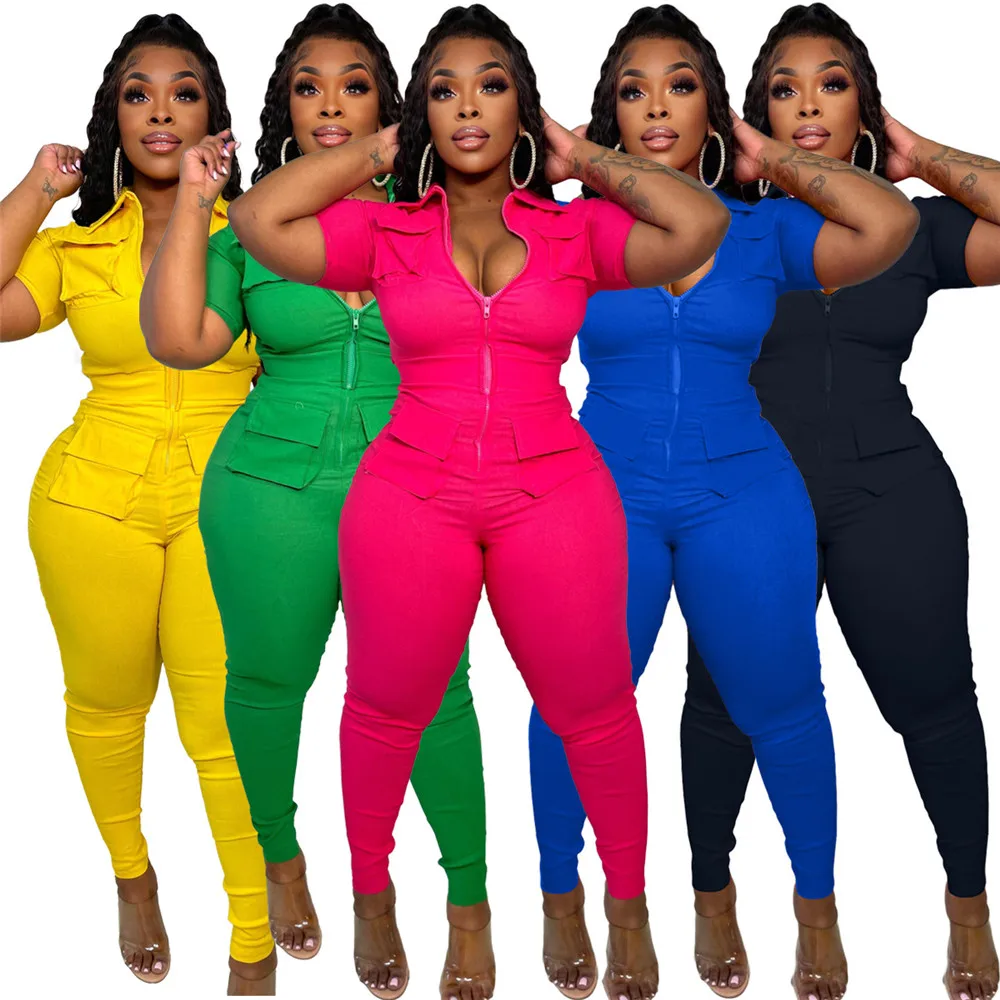 Wmstar Jumpsuit Women Summer Romper V Neck Zipper Short Sleeves Solid Pockets One Piece Outfits Bodysuit Wholesale Dropshipping