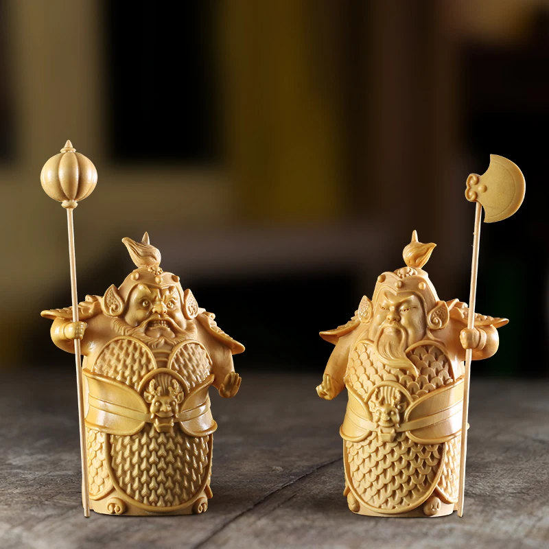 Xs643 9.5cm Heng And Ha Generals Boxwood Sculpture Marshals Door God