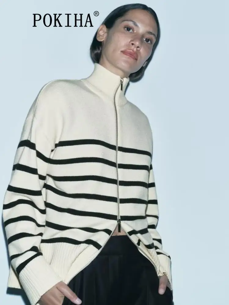 

Pokiha Fashion Women Striped Stand Collar Knitted Sweater Cardigan Vintage Long Sleeve Front Zipper Female Outerwear Chic Tops