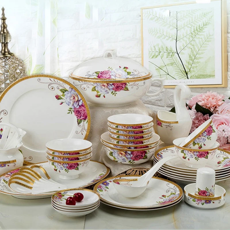 60 Heads Jingdezhen Bone China Dishes Set Pot Dinner Tableware Rice Bowl Soup Bowl Salad Noodles Plate Dish Dinnerware