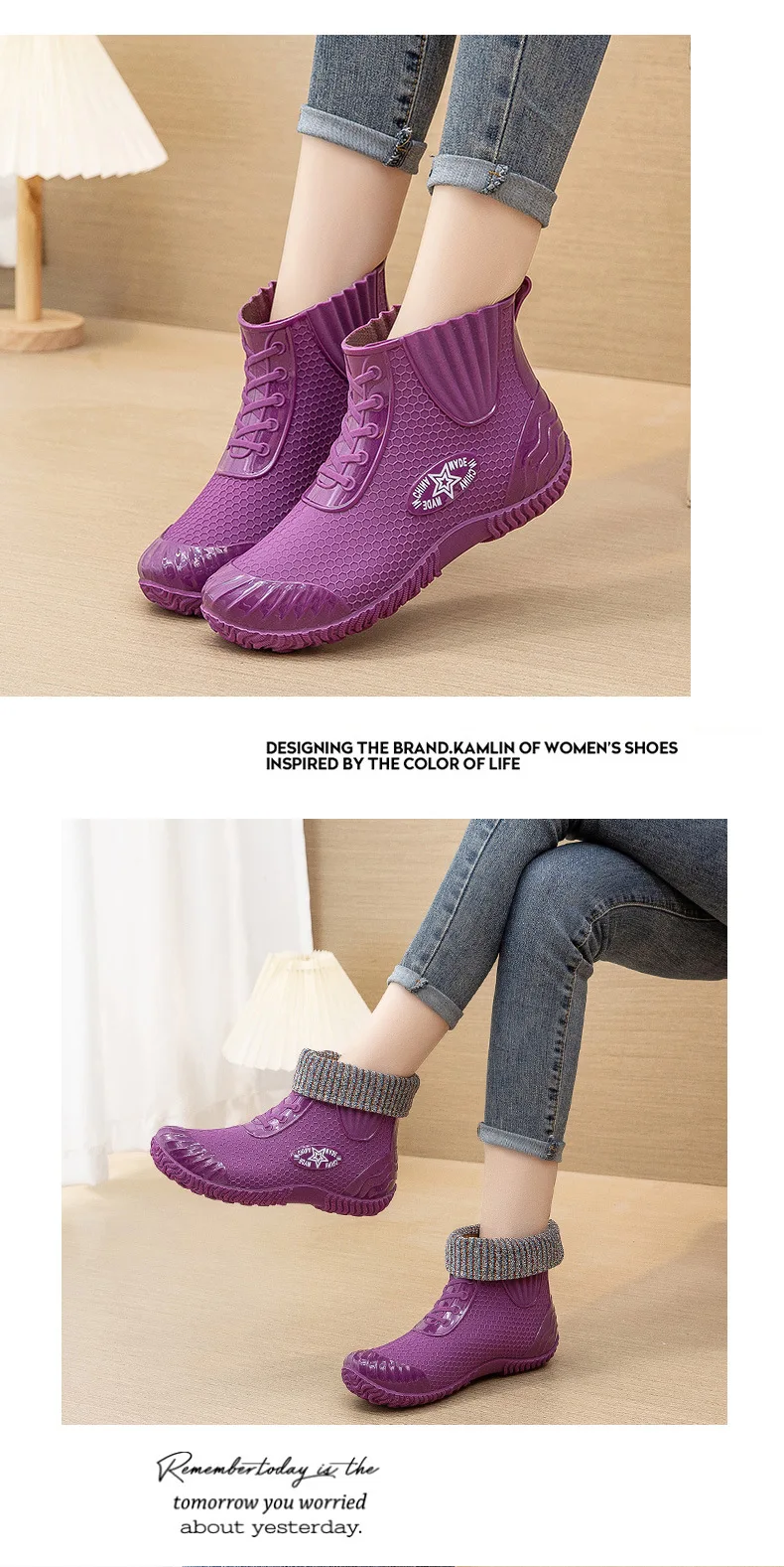 Neue Knöchel Hohe Regen Stiefel frauen Modische Rainshoes Wasserdichte Schuhe Frau Anti Skid Galoschen Damen Weiche Kurze Regen Stiefel – Detail 11