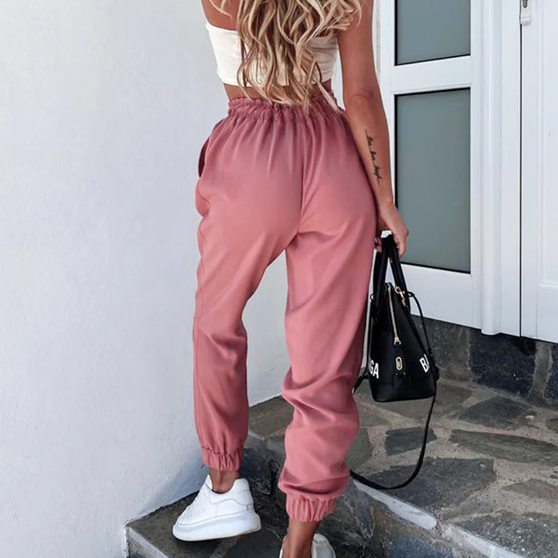 Women Drawstring Pink Khaki High Waist Long Pants 2021 Casual Solid Pant New Summer Female Pocket Elastic Waist Trousers Bottoms