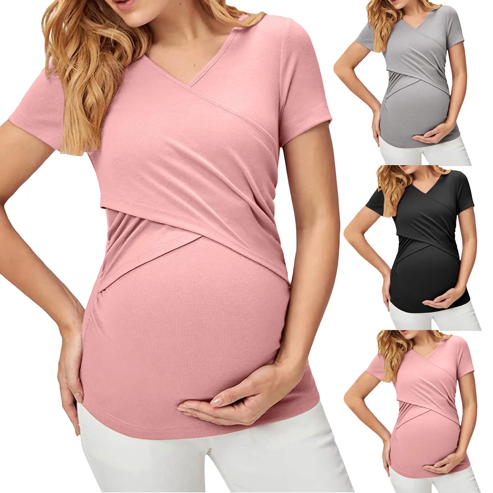 

Womens Maternity Nursing Tops Clothes Breastfeeding Clothing Summer Pregnant Short Sleeve Pleated Side Open Pregnancy T-Shirt