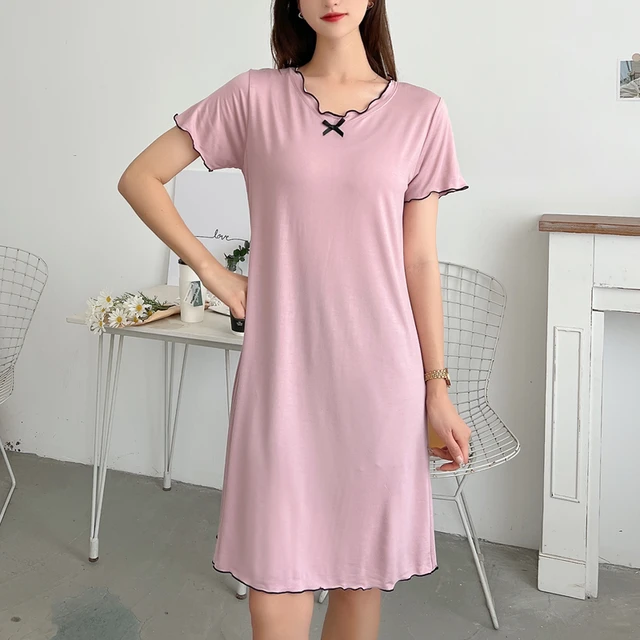 Loose Modal Sp Dr Women Summer plus Size Nightgown Home Dr ort Sve V-Ne Mid-Length A-Line Skirt