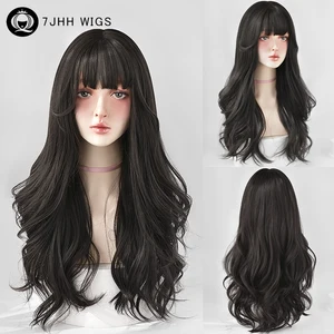 7JHH WIGS Loose Wave Dark Brown Hair Wigs with Neat Bangs High Density Synthetic Black Tea Wig for Women Daily Cosplay Party Wig