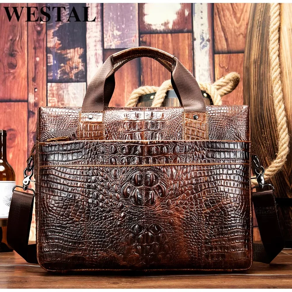WESTAL-Étui à Bombes en Cuir group pour Homme, Sac de Bureau pour Ordinateur Portable, Design Croco