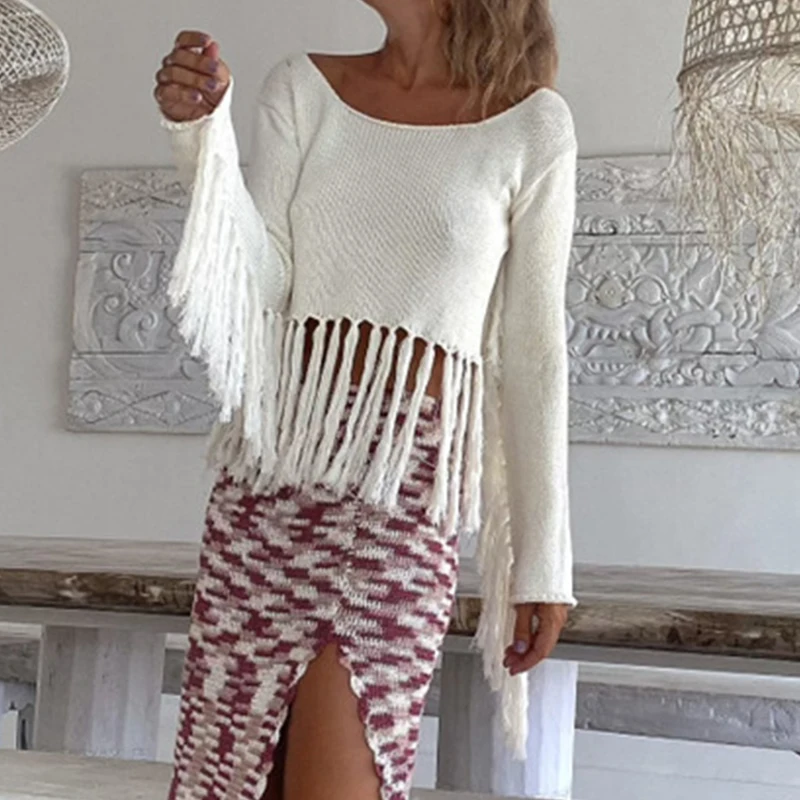 

Женский трикотажный свитер с вырезами, однотонный пуловер с круглым вырезом и бахромой в стиле пэчворк, офисный джемпер с длинным рукавом, весна-осень