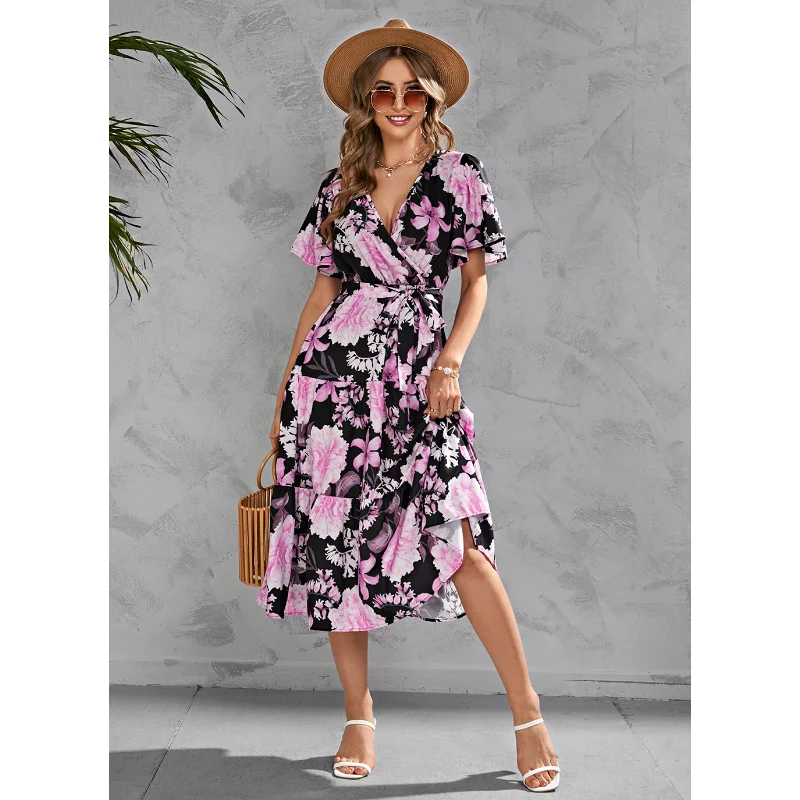 

2023 New Summer Fashion European and American Sexy V-neck Printed Vacation Beach Party Long Dresses for Women