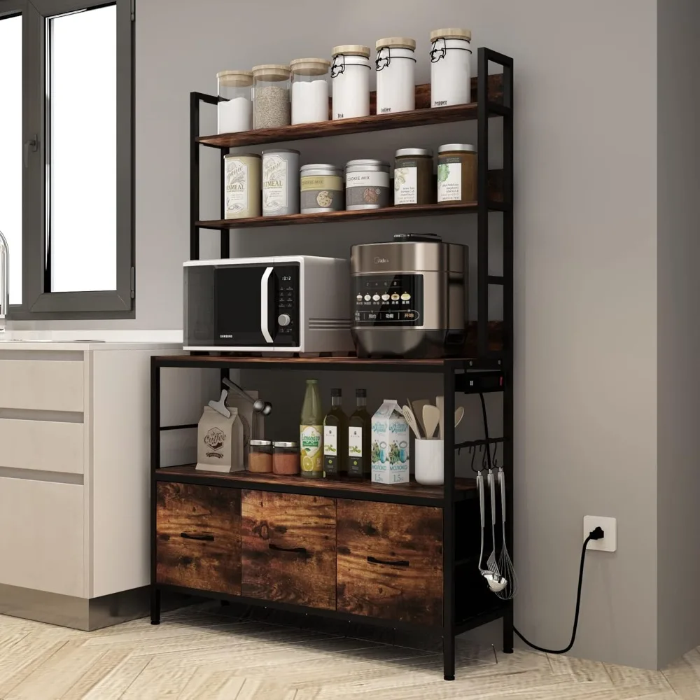 5-Tier Free Standing Bakers Rack with Power Outlet, Metal Kitchen Storage Shelf Organizer with Hooks and Baskets, Industrial Mic 4